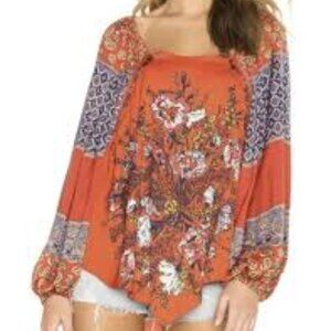 FREE PEOPLE POSITANO CHERRY COMBO PEASANT FLORAL BOHO WOMEN BLOUSE SIZE LARGE